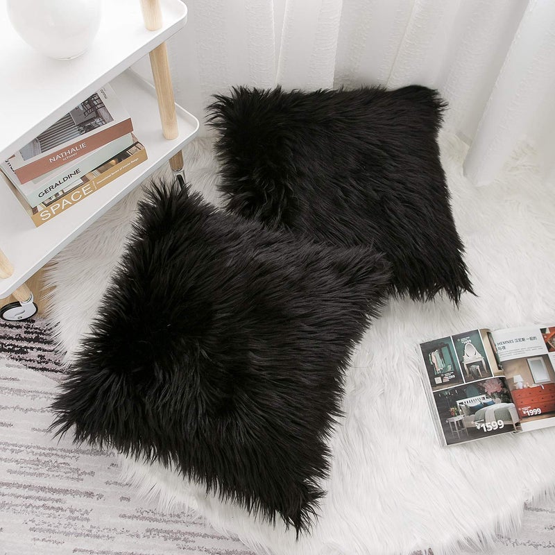 WLNUI Set of 2 Black Decorative Fluffy Pillow Covers New Luxury Series Merino Style Faux Fur Throw Pillow Covers Square Fuzzy Cushion Case Spring Easter Home Decor 16x16 Inch - Image 4